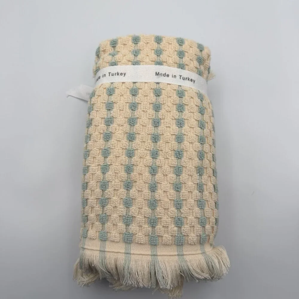 Brooks Brothers Premium Turkish Cotton Hand Towel Set of 2 Fringed Cream/Blue
